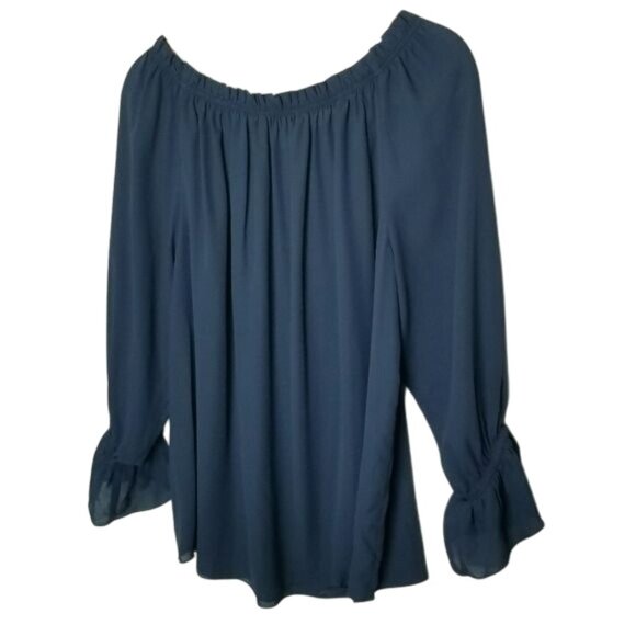 Laurie Felt Womens Navy Off-Shoulder Long Sleeve Blouse Ruffled Cuffs Size M - Picture 2 of 8